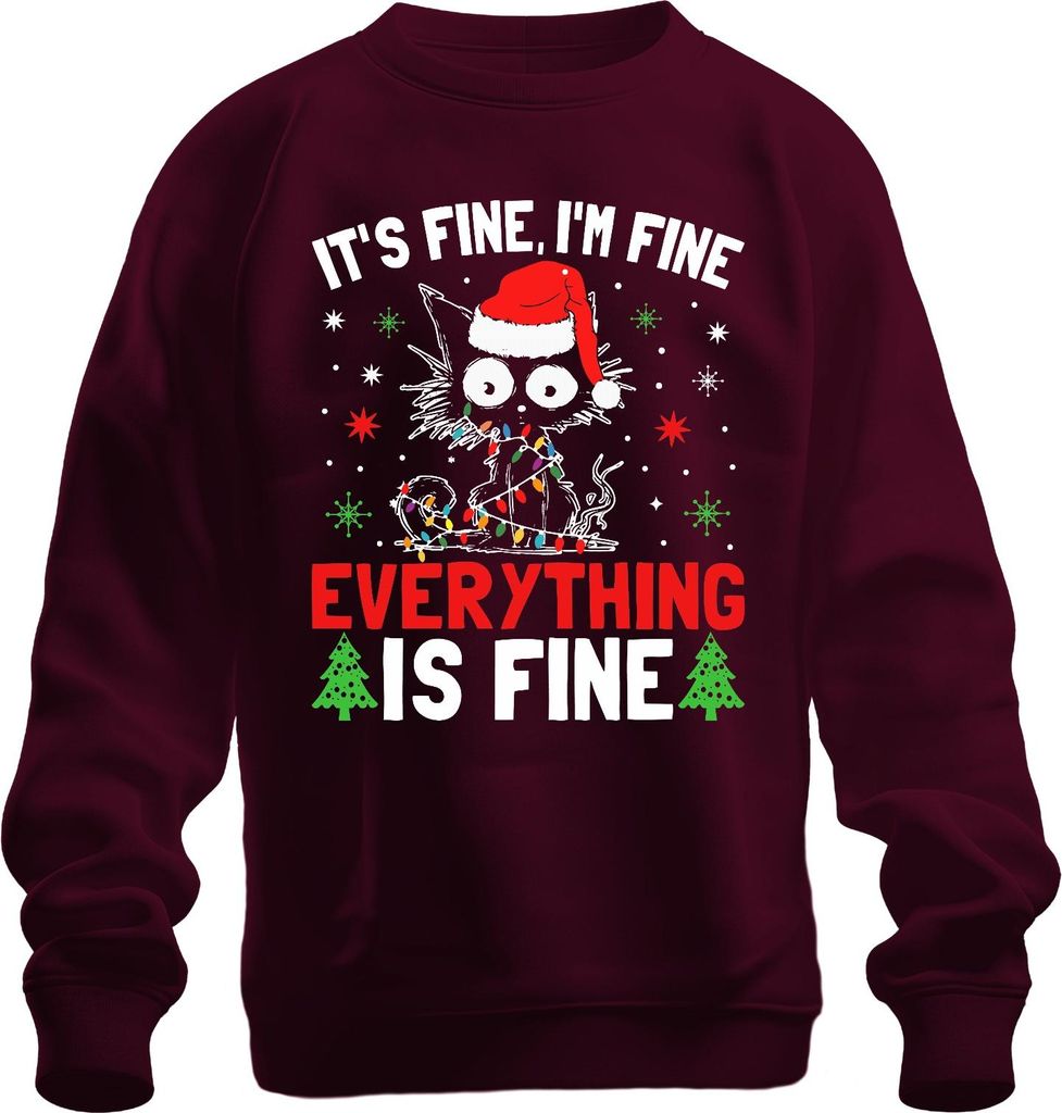 It's Fine I'm Fine Weihnachten Katze Lichter lustig Geschenk Uni Sweatshirt Pullover, Burgundy, 3XL