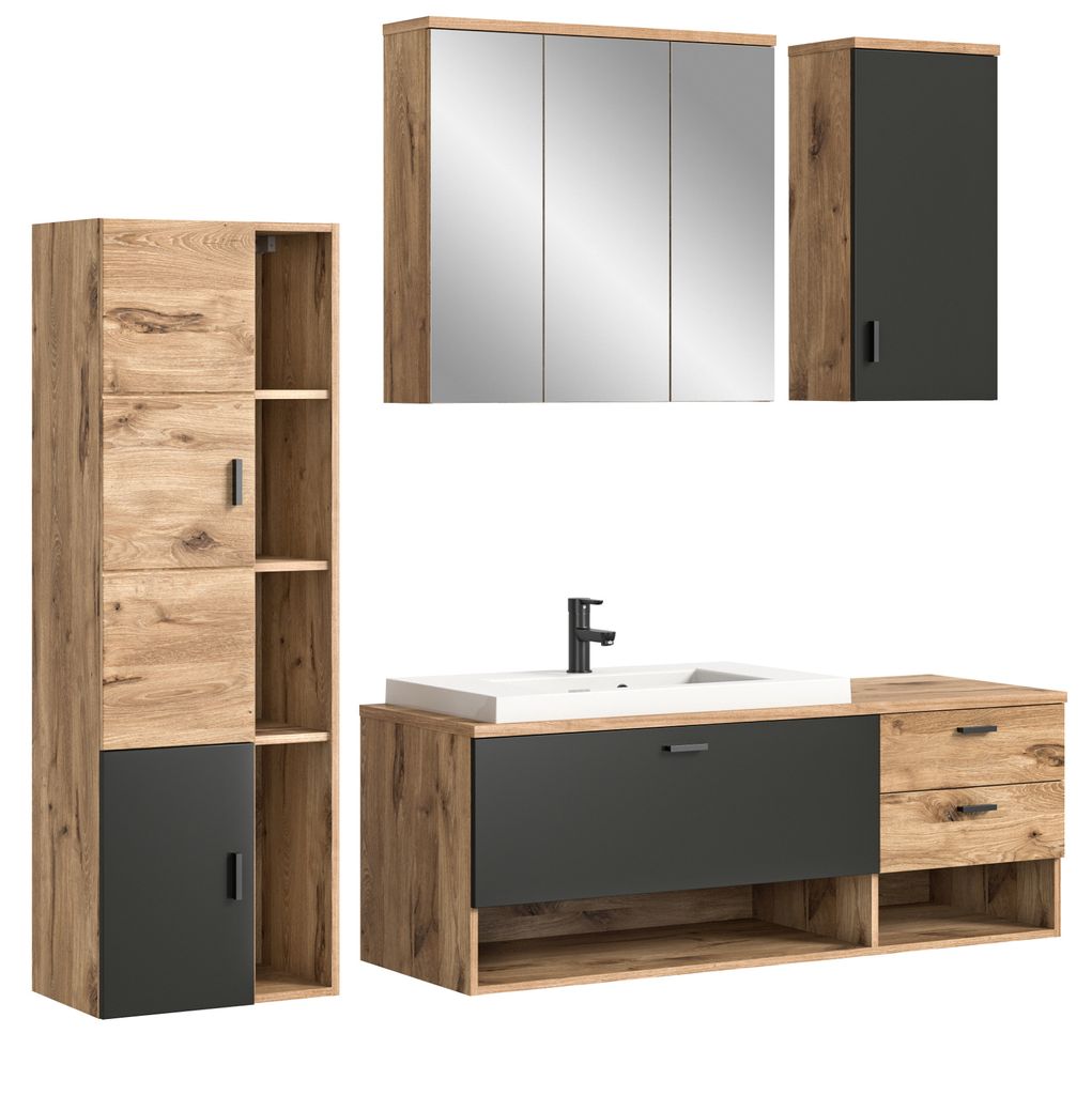 A set of bathroom furniture, including a tall cabinet, a vanity with a sink and faucet, and a medicine cabinet with mirrors.