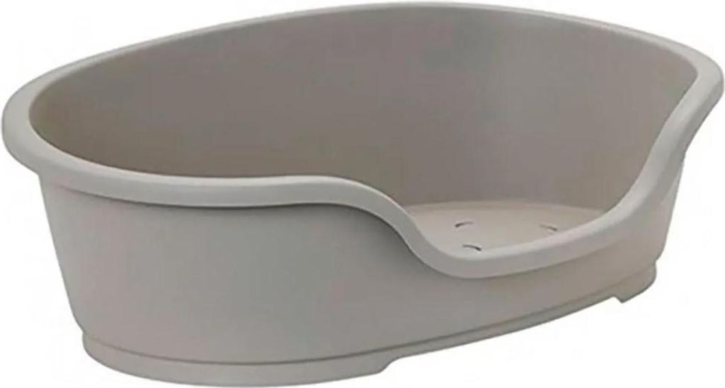 A light gray plastic pet bed with a low profile and raised sides.