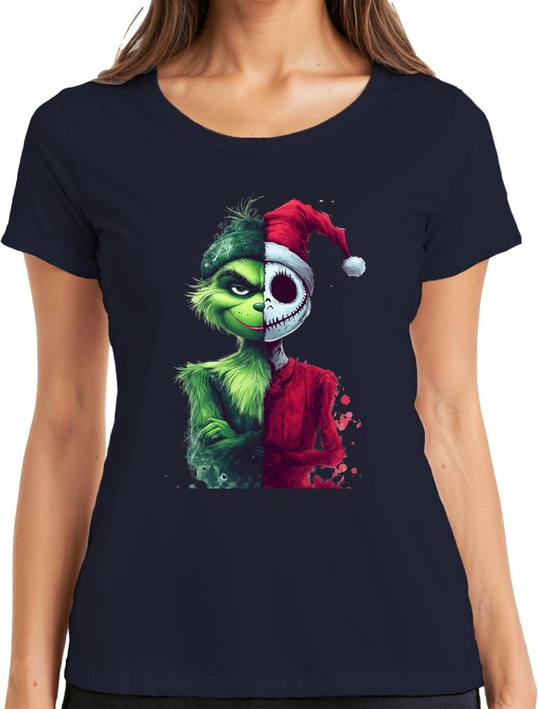 Grinch Jack Skellington Weihnachten Crossover gruselig Vintage Damen T-Shirt, Navy, M
