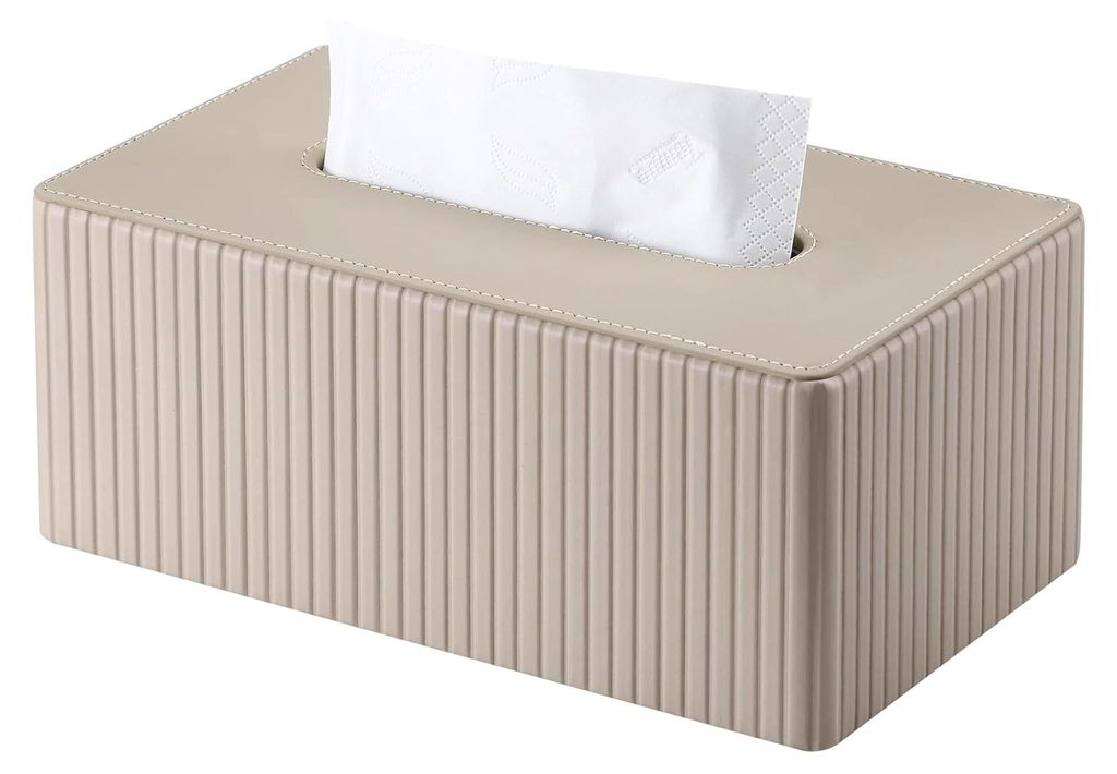 Kosmetiktücherbox, Rechteckige Tissue Box für Wohnzimmer, Badezimmer und Büro – Dekorative Taschentuchspender aus Kunstleder (Beige)