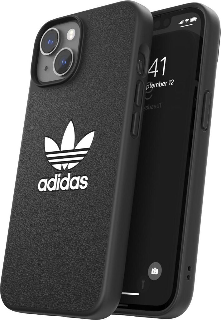 A black iPhone 14 case with the Adidas logo is shown.