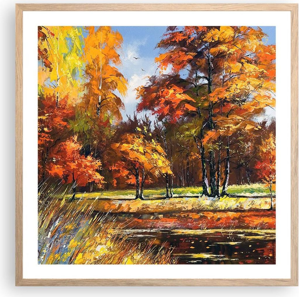 Gerahmtes Poster - Rahmen in heller Eiche - Park Herbst Wasser - 60x60 cm - Wand Bild - Wanddeko - Wandbilder - Wandposter - Bilderrahmen - Bilder ...