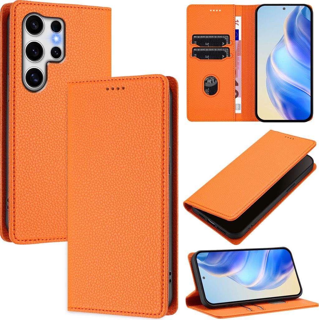 Litchi Leder Handyhülle für Samsung Galaxy S25 Ultra Wallet Kartenfächer Standfunktion Hülle Orange