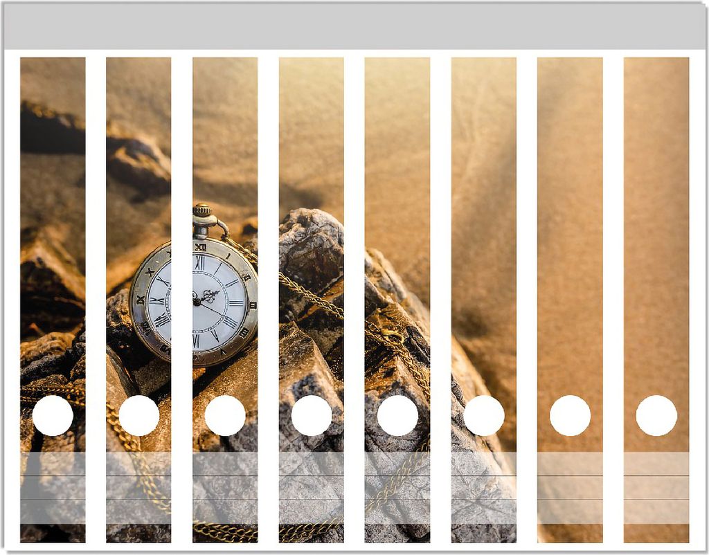 Wallario Ordnerrücken Sticker, selbstklebend für schmale Ordner, 8 Stück, Motiv Alte Taschenuhr am Strand