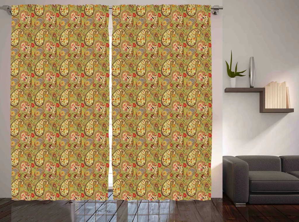Rideau Ethnique Coloré Vert et Rouge en Tissu Rustique Style Paisley