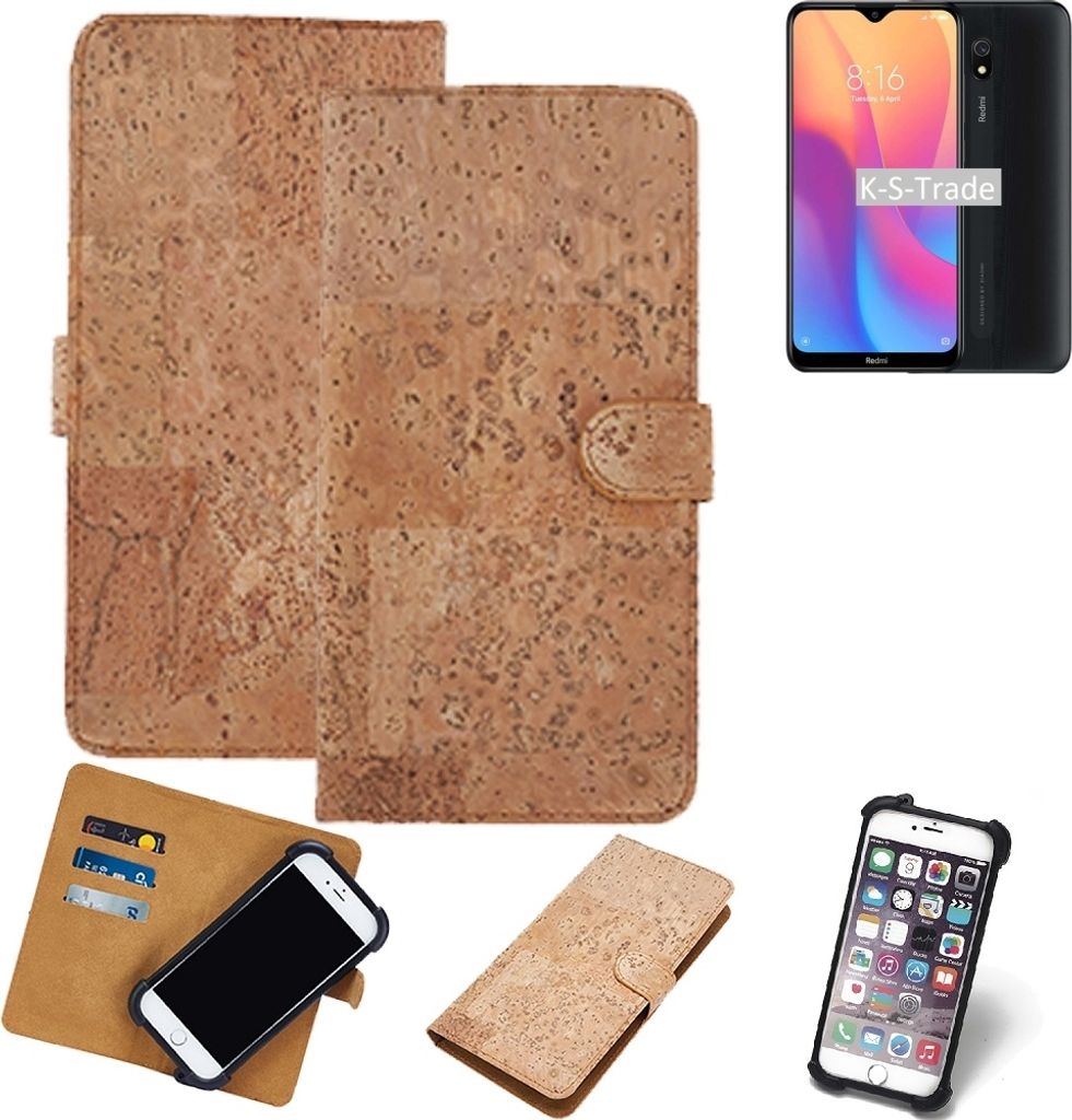 K-S-Trade Hülle kompatibel mit Xiaomi redmi 8A Kork Handyhülle Cover Schutzhülle TPU Case Bumper in Hellbraun, (1x)