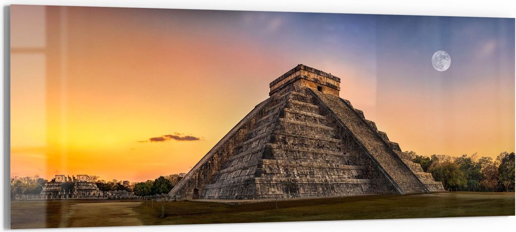 DEQORI Glasbild Echtglas 150x60 cm 'Maya-Pyramide am Abend' Wandbild Bild modern Deko