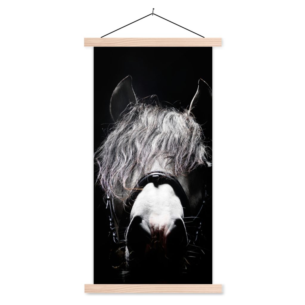 MuchoWow Textilposter Pferd - Porträt - Schwarz - Weiß 60x120 cm mit holzfarbenen Rahmen - Holz