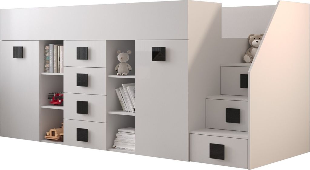 Etagenbett für Kinder Toledo 3 Stockbett mit Treppe, Schreibtisch, Bettkasten (Weiß/Weiß Glanz + schwarze Griffe, Seite: Rechts)