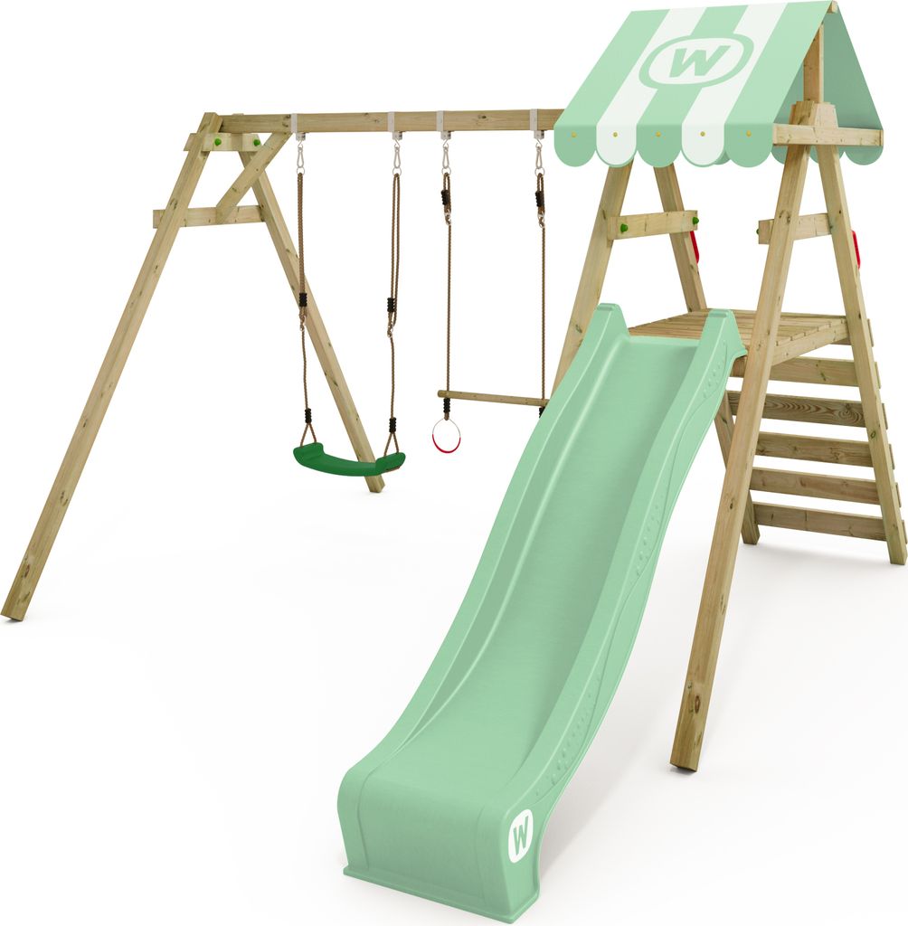 WICKEY Kinderschaukel Schaukelgestell Smart Ace mit Rutsche Schaukel, Schaukelgerüst, Doppelschaukel, Holzschaukel – pastellgrün