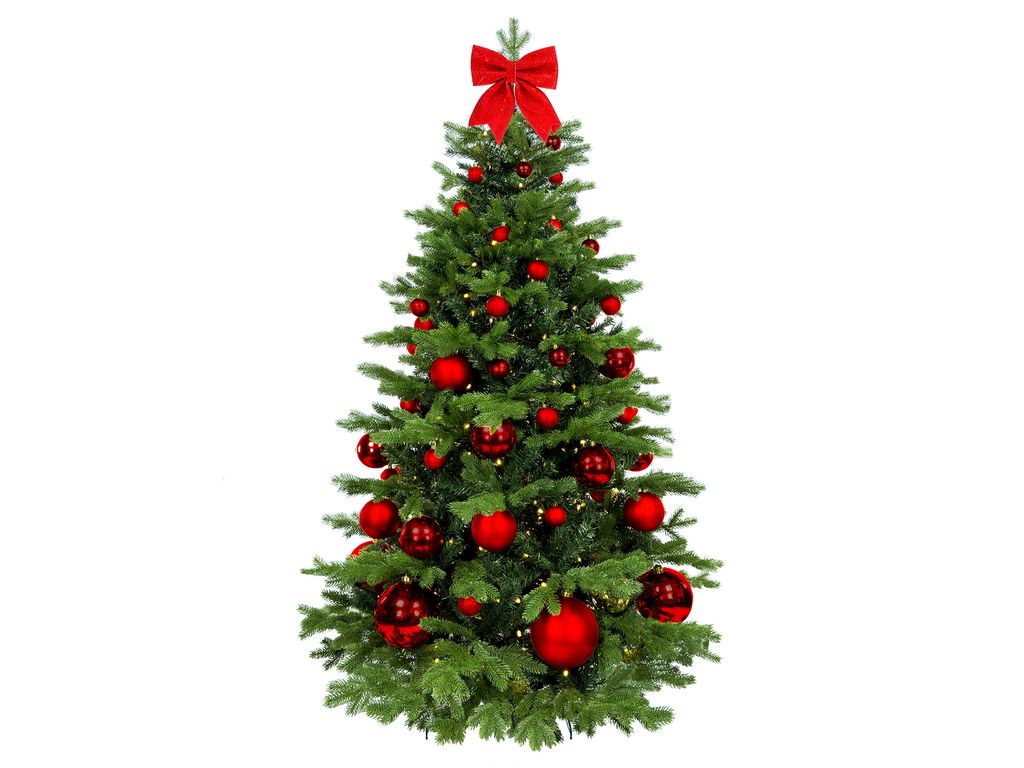 Geschmückter künstlicher Weihnachtsbaum mit 73 Ornamenten RED CHRISTMAS II 180 cm Baum mit Ständer und Weihnachtsornamenten