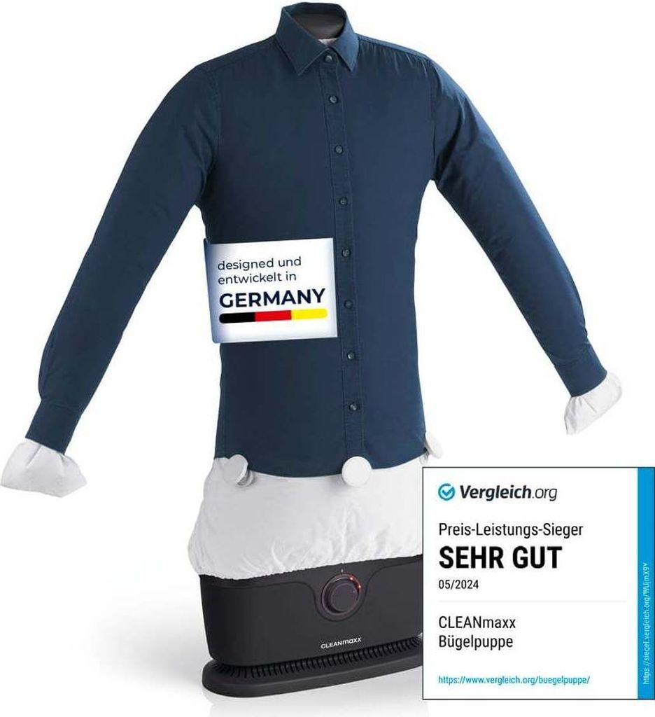 A dark blue shirt is displayed on a garment steamer, with a 'Made in Germany' label on the chest and a review badge on the right.