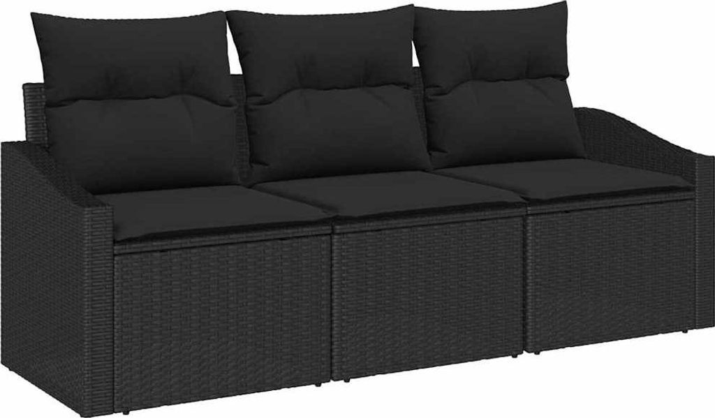 Sofa Set mit Kissen 3 pcs Schwarz Poly Rattan