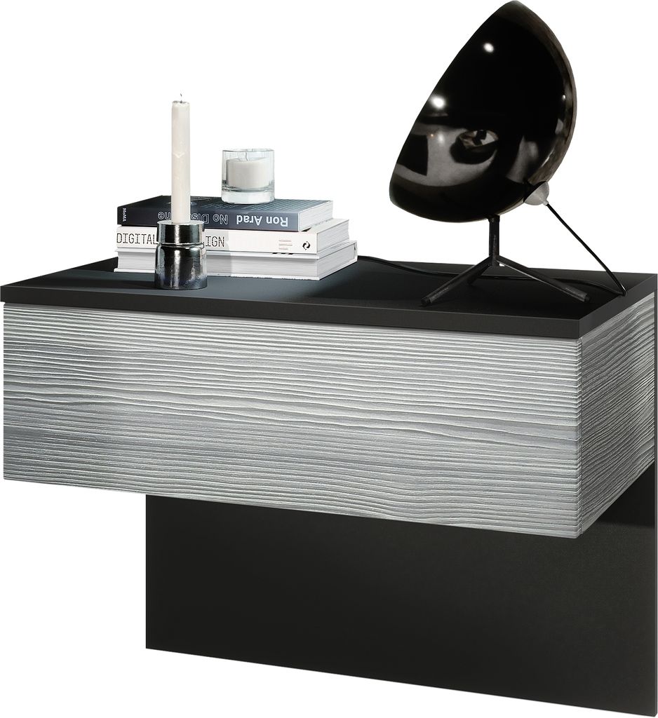 Vladon Nachttisch Sleep, Germany, Nachttischschrank mit Schublade zur Wandmontage, Schwarz matt/Avola-Anthrazit (60 x 46 x 35 cm)