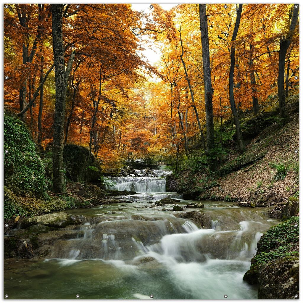 Wallario XXL Outdoor-Poster für Garten oder Balkon, Motiv Kleiner Bach über Steine im Herbstwald, in ca. 200 x 200 cm