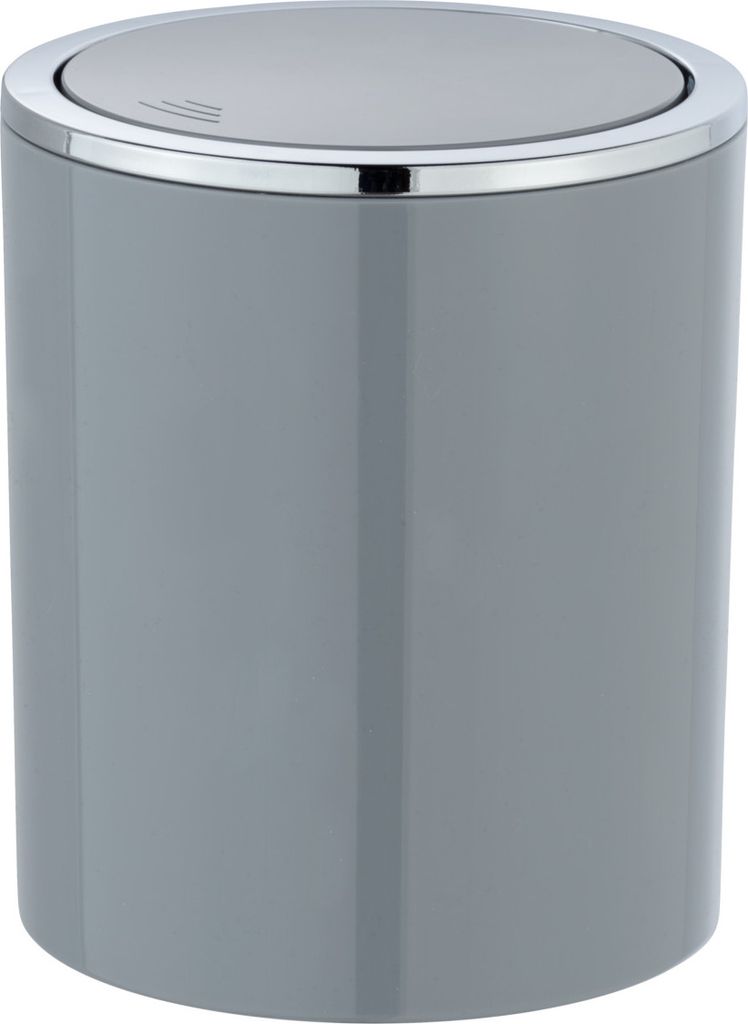 A grey cylindrical trash can with a silver lid and rim.
