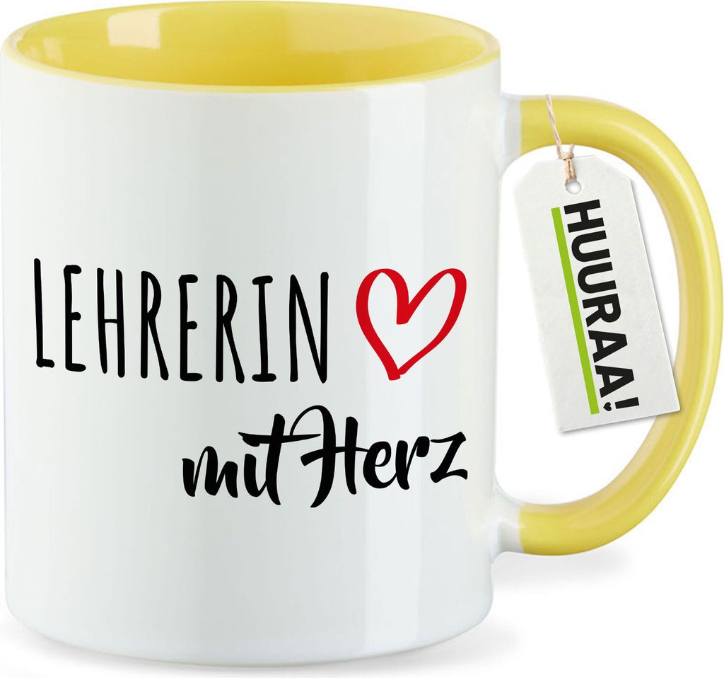 Huuraa Kaffeetasse Lehrerin mit Herz 330ml Gelb Keramik Kaffeebecher Geschenkidee