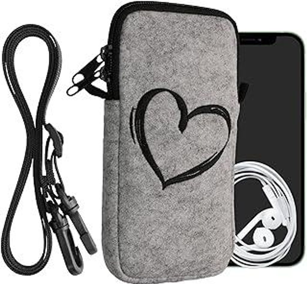 kwmobile Handytasche für Smartphones XXL - 7 - Filz Handy Hülle Schwarz Hellgrau - Handy Tasche mit Kette 17,7 x 8,5 cm Innenmaße - Herz Brush