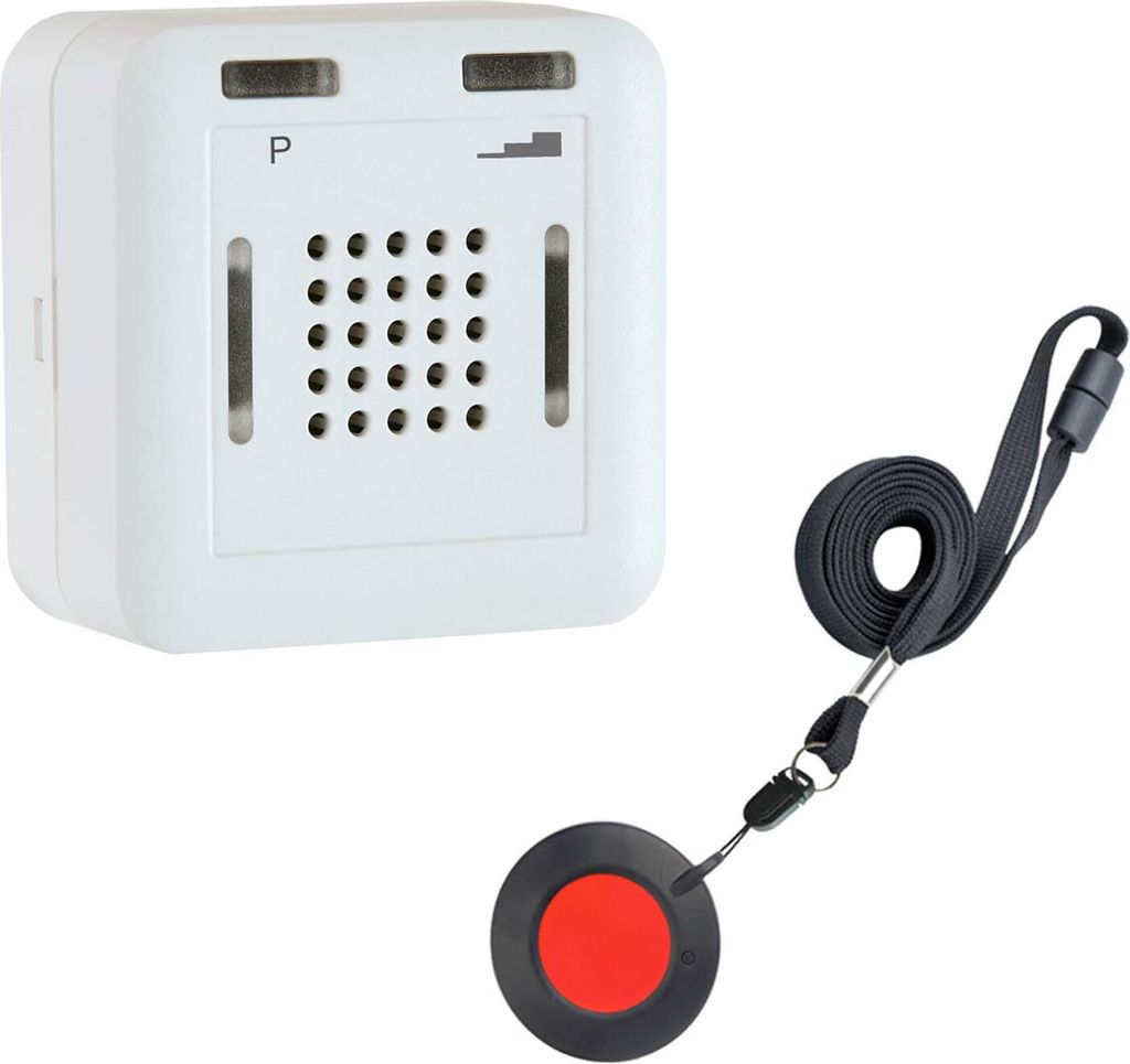 A white emergency call device with a black lanyard and a red button sender, isolated on a white background.