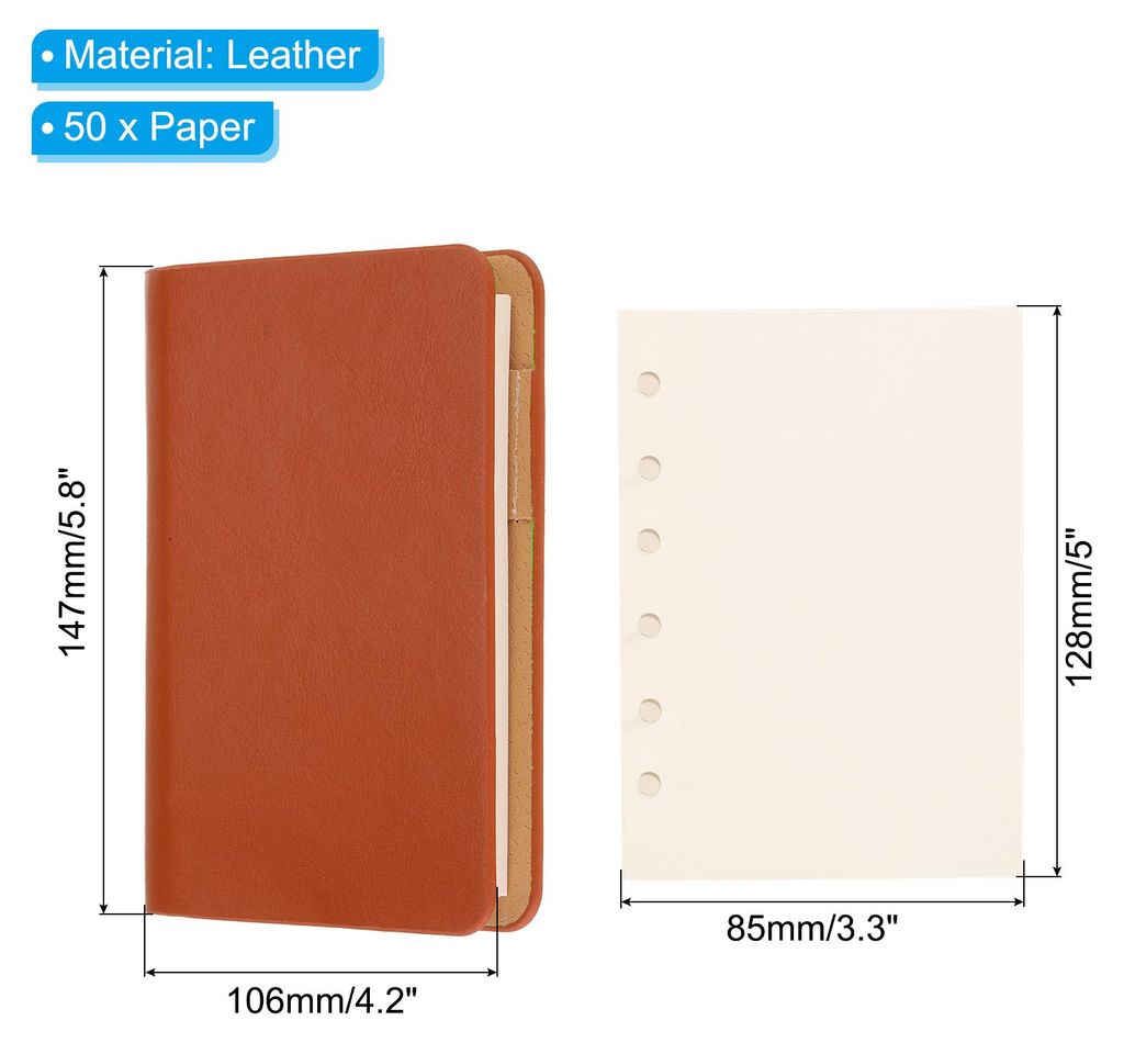 6 Ring Binder Cover, A7 Leder Notizbuch Binder Mini Nachfš¹llbarer Loose Leaf Personal Planner mit 50 Blatt Papier, Orange