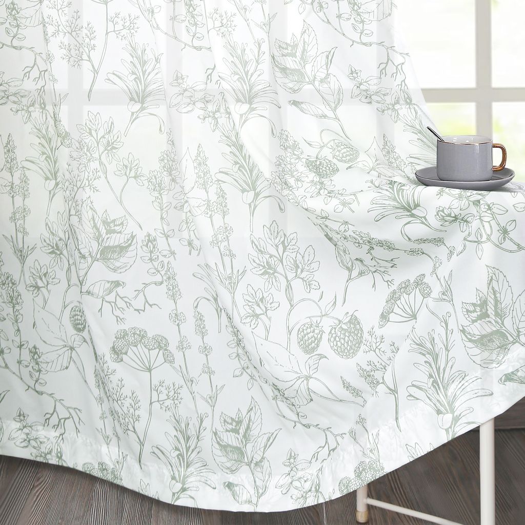 Halbtransparent Vorhang Blumenmuster Voile mit Kruselband Gardinen Dekoschal fr Wohnzimmer Schlafzimmer Kinderzimmer, Salbeigrn, B132 x H213cm