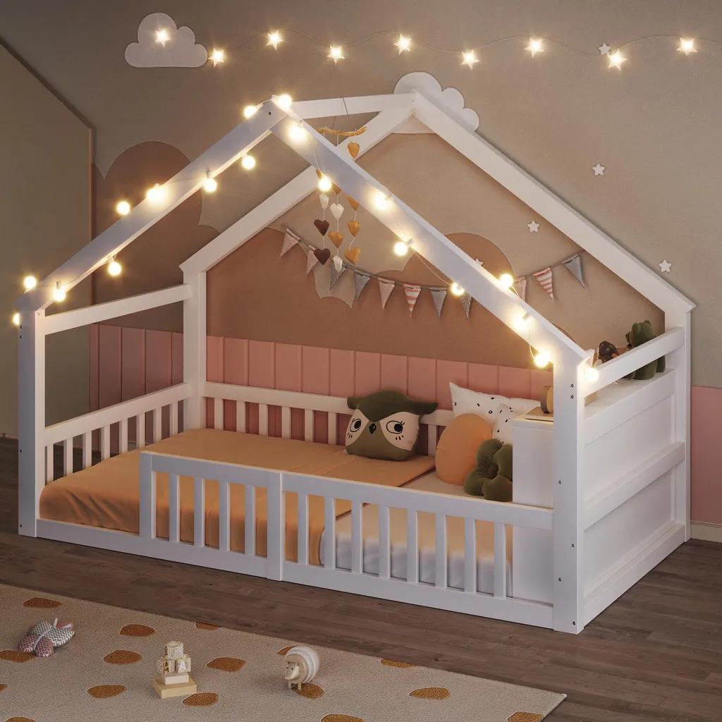 Lit au Sol 90x190 cm Anti-Chute avec Rangements pour Chambre d'Enfant Blanc