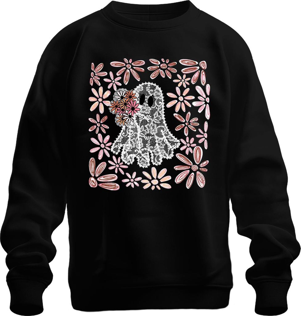 Halloween Gespenst Spitze Blumen Boho Gänseblümchen Süß Niedlich Uni Sweatshirt Pullover, Schwarz, XXL