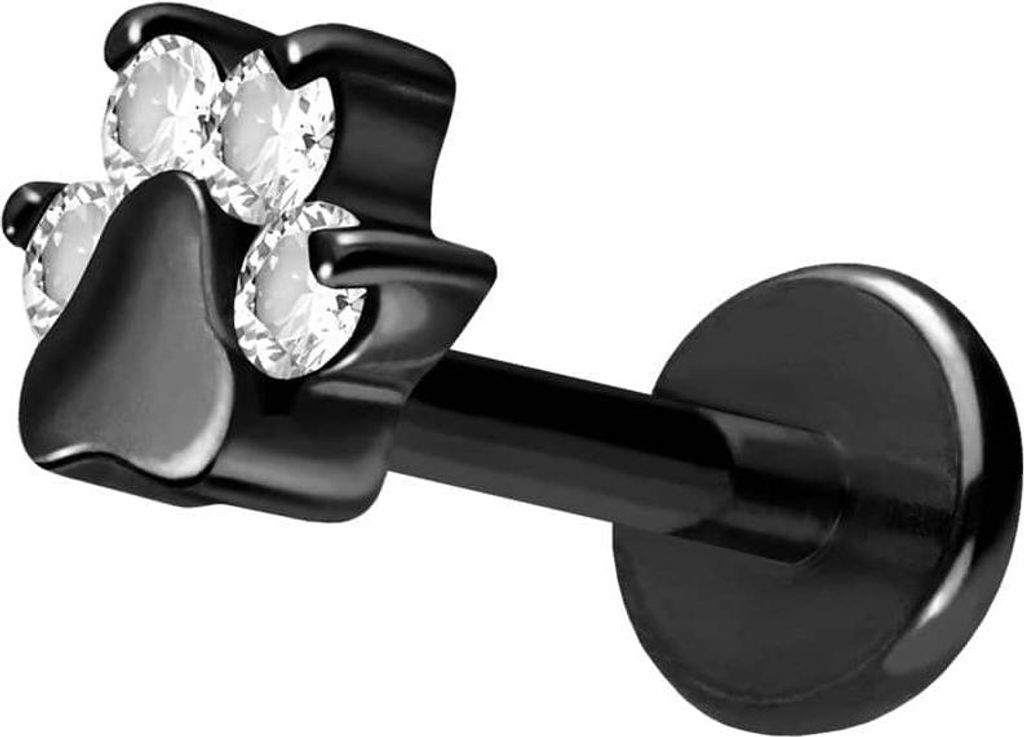 Ohrpiercing, Nasenpiercing Titan Labret mit Push Fit KRISTALLPFOTE Schwarz Stablänge: 10mm | Stabstärke: 1mm