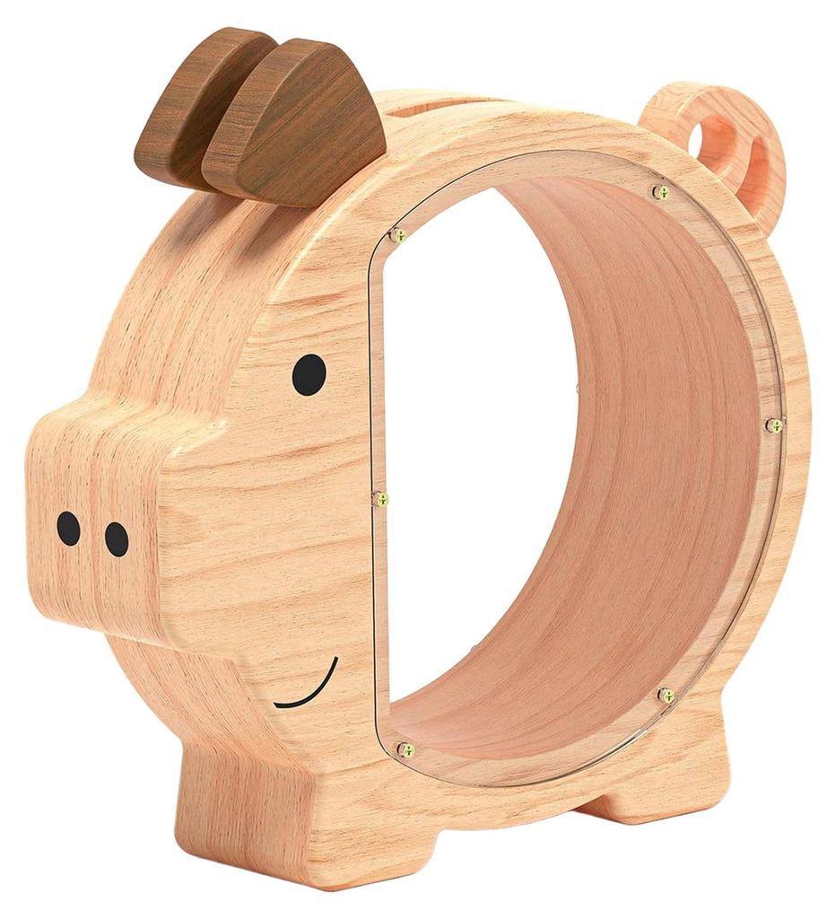 Niedliche Spardose aus Holz in Schweinchenform, wiederverwendbar, mit Sichtfenster, 4 cm, ideal als Geburtstagsgeschenk für Kinder und Kleinkinder.