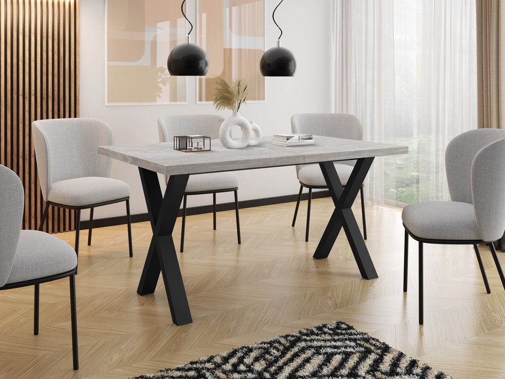 Rechteckiger Ausziehbarer Esstisch - Großer Modern-Stil Tisch mit schwarzen Metallbeinen 120 140 160 cm bis 220 240 260 cm - 140 x 80 cm - Beton Grau