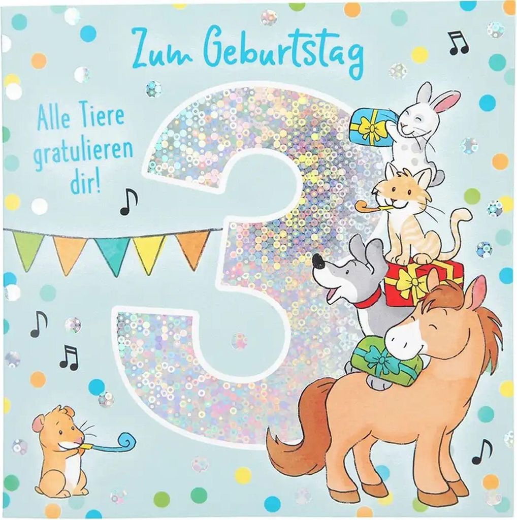 Depesche Zahlenkarten mit Musik quadtratisch : 3 Zum Geburtstag Alle Tiere gratulieren Zahlenkarten mit Musik, quadratisch: 3 Zum Geburtstag Alle T...