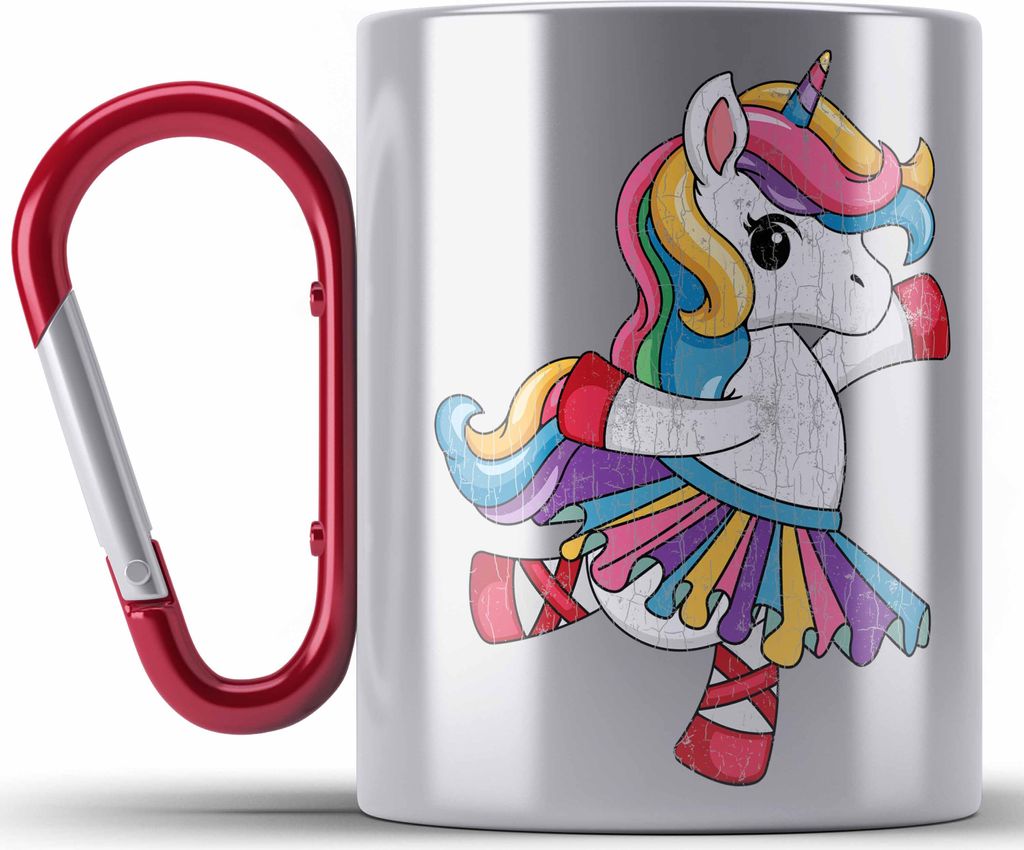 Trendation - Einhorn Edelstahl Tasse Karabiner Geschenk Mädchen Tochter Einhörner Grafik Pferde Reiterin Geschenkidee Frau Mama (Rot)
