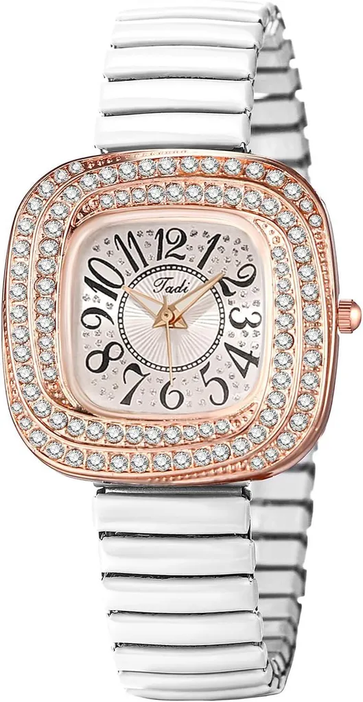 Orologio Quadrato con Diamanti e Cinturino Elastico in Acciaio