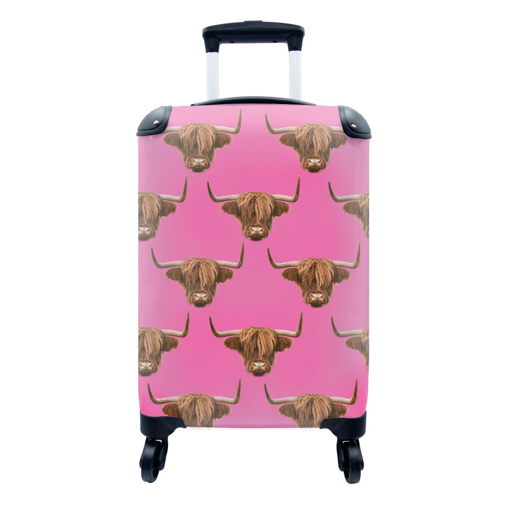 MuchoWow Koffer Handgepäck Trolley Rollkoffer Kleine Reisekoffer mit 4 Rollen - Schottischer Highlander - Muster - Rosa - Cabin Size < 55x40x23 ...
