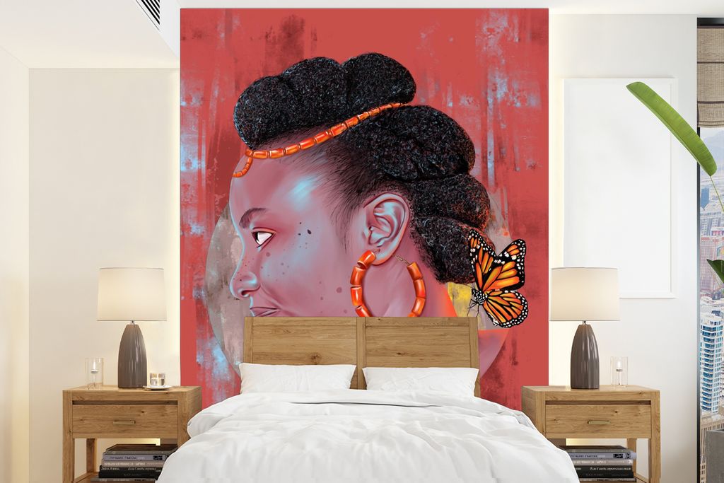 MuchoWow Fototapete für Wohnzimmer oder Schlafzimmer Wandtapete Vinyl Motivtapete Vintage - Frau - Porträt - Schmetterling - Rot - 175x240 cm -...