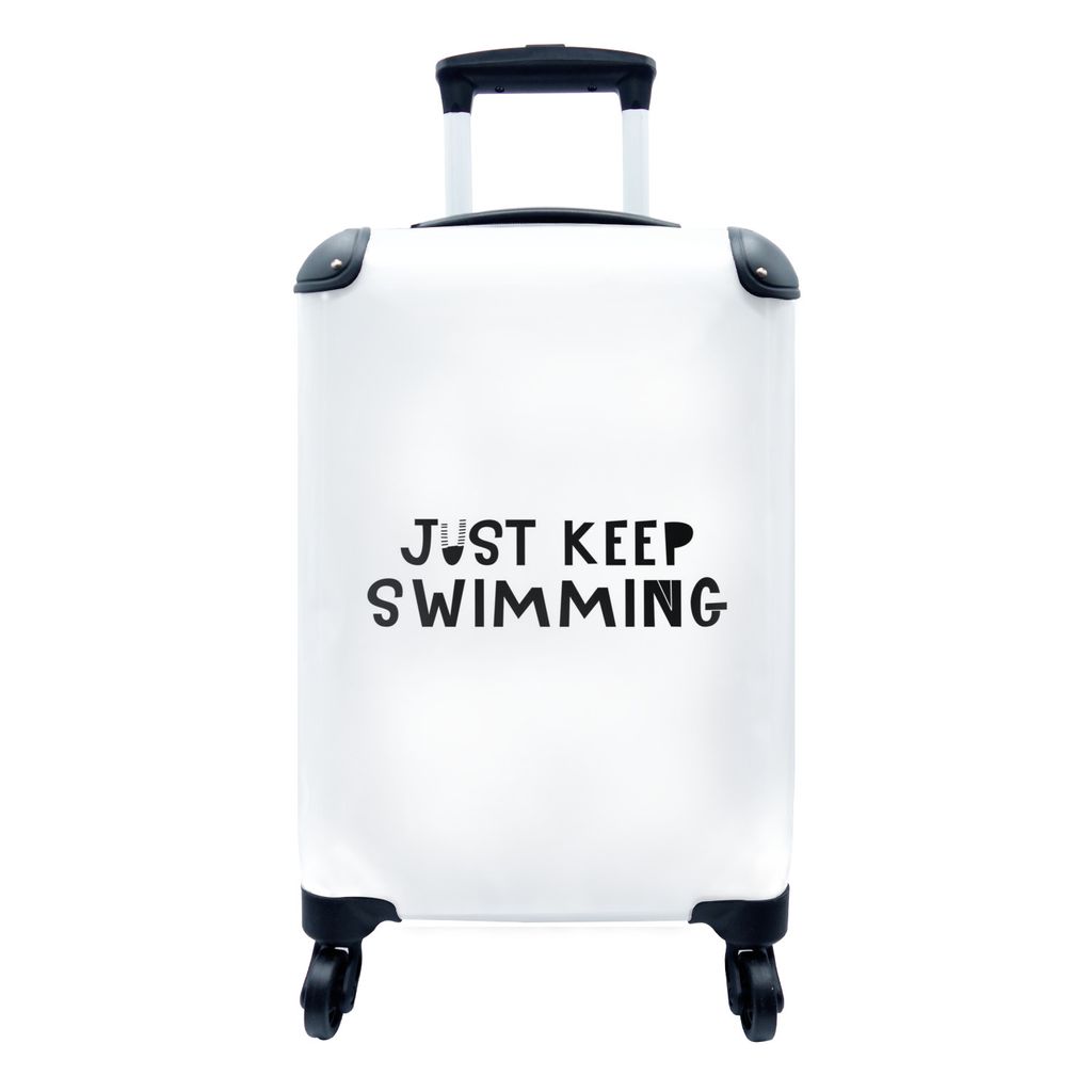 MuchoWow Koffer Handgepäck Trolley Rollkoffer Kleine Reisekoffer mit 4 Rollen - Kinderillustration mit dem Zitat 'Just keep swimming' auf weiße...