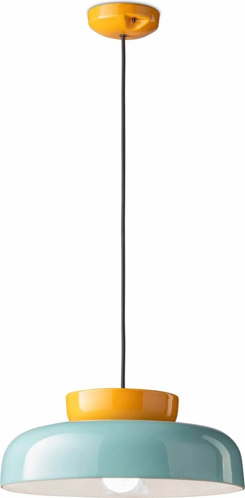 Hängelampe Keramik E27 Ø 37 cm H: max. 135 cm Gelb Hellblau rund Retro Keramiklampe