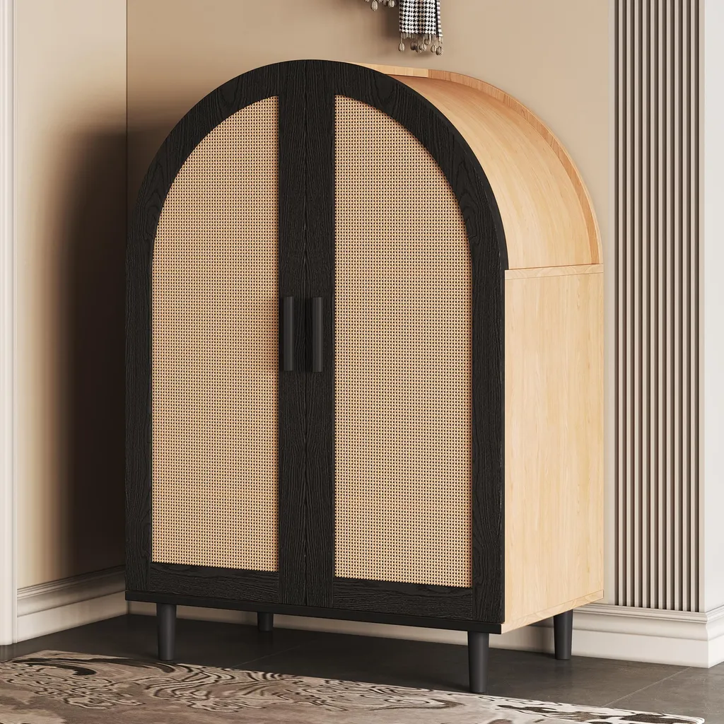 Buffet de rangement pour entrée en rotin et noir idéal petits espaces