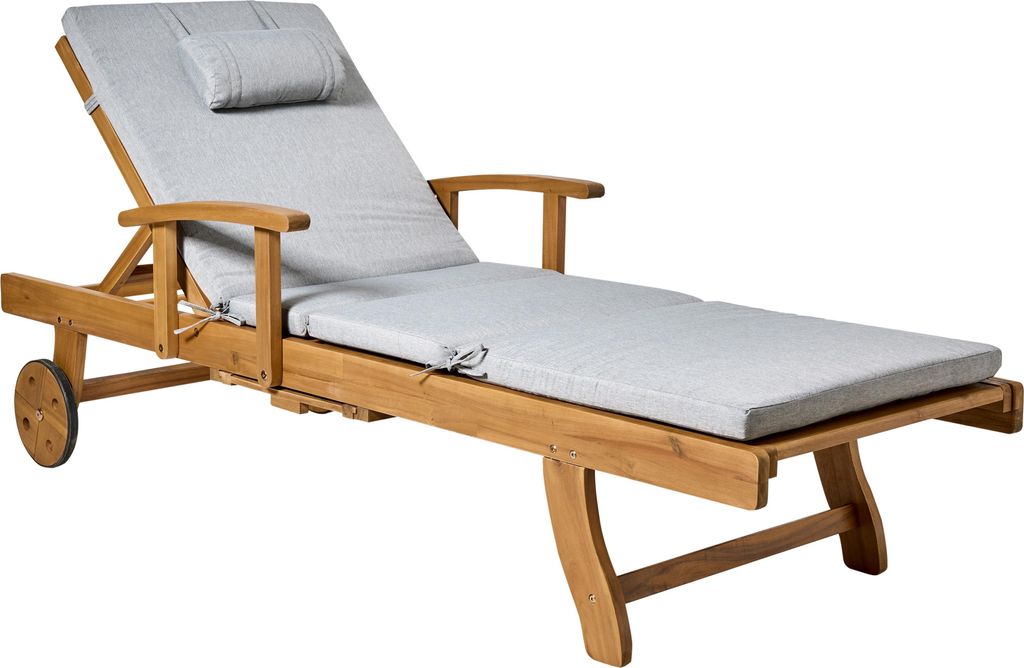 BELIANI Gartenliege Hellbraun u. Grau Meliert Akazienholz Verstellbar Rollbar Sonnenliege mit Tisch und Auflage Terrasse Garten Balkon Modernes Design