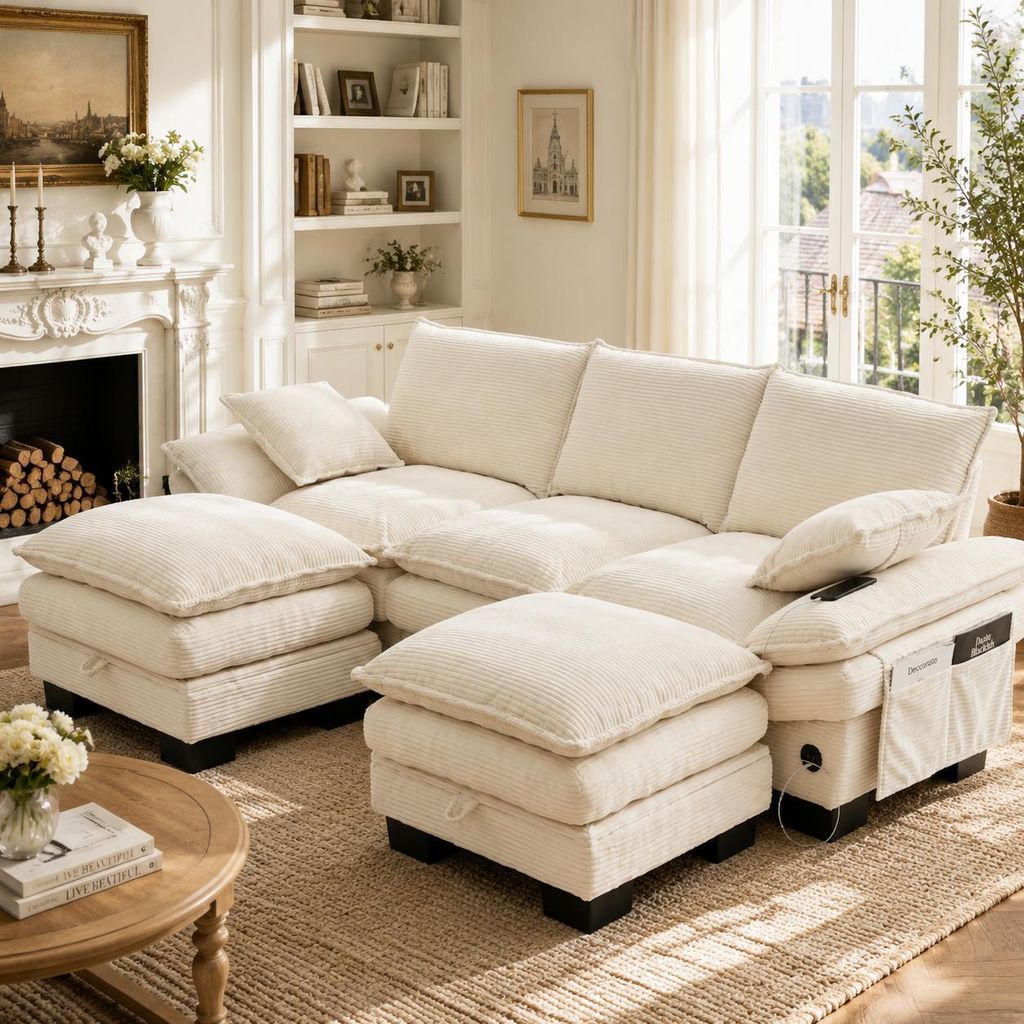 Cord Sofa 3 Sitzer Couch modular Polstersofa mit 2 Hockern USB C Ladestation Seitentasche breite Sitzfläche ergonomisch Wohnzimmercouch Beige