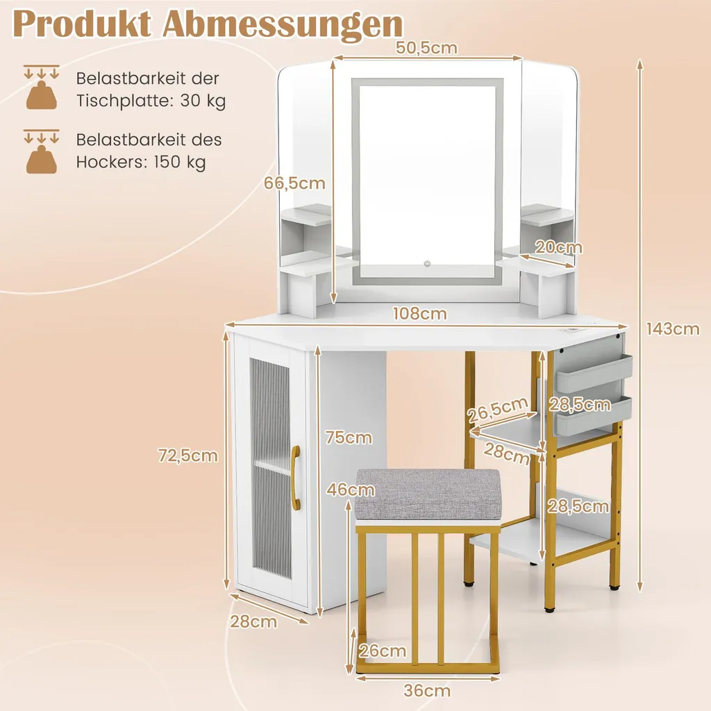 Coiffeuse d'angle COSTWAY avec miroir triple et éclairage LED intégré