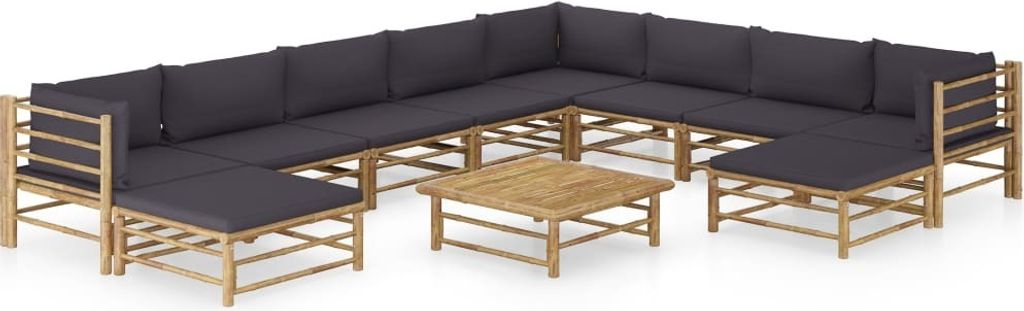 11-tlg. Garten-Lounge-Set mit Dunkelgrauen Kissen Bambus Produktbild 