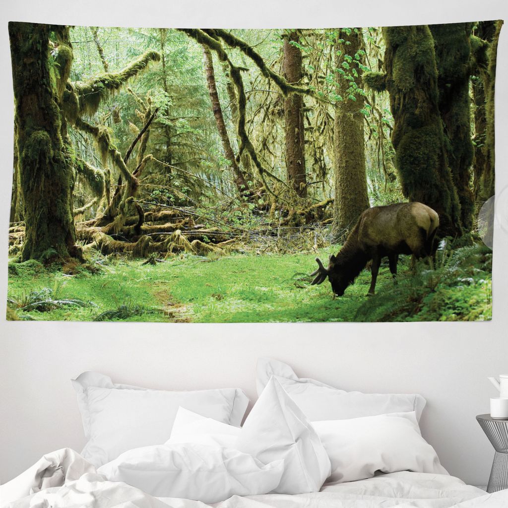 ABAKUHAUS Wald Wandteppich, Roosevelt Elk in Park aus Weiches Mikrofaser Stoff Waschbar ohne Verblassen Digitaldruck, 230 x 140 cm, Grün Braun