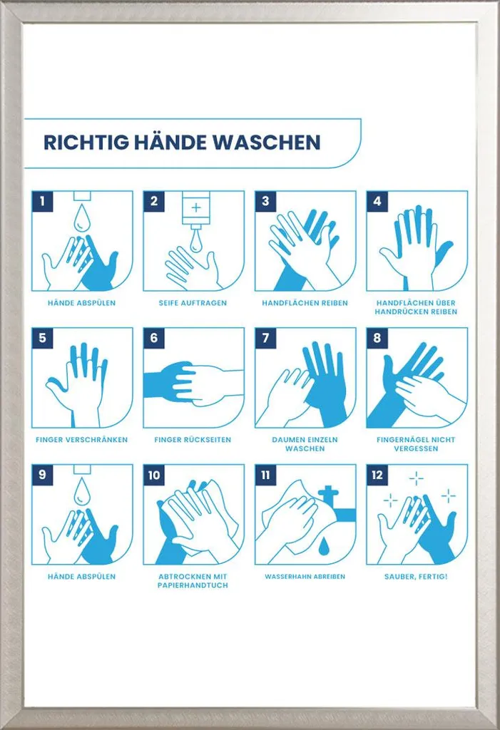 Poster informativo - Poster - Infografica sul corretto lavaggio delle mani + cornice rimovibile, Shinsuke® Maxi alluminio argento, vetro acrilico
