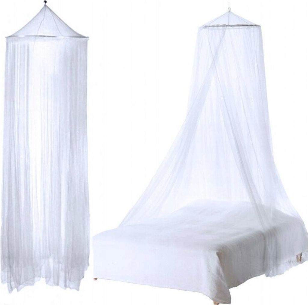 A white mosquito net canopy is shown hanging above a bed, and also as a standalone item.