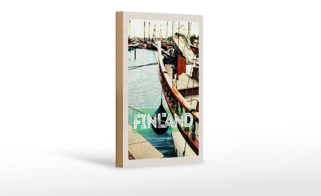 Holzschild Reise 12x18 cm Finnland Wasser Meer Schiff Urlaub