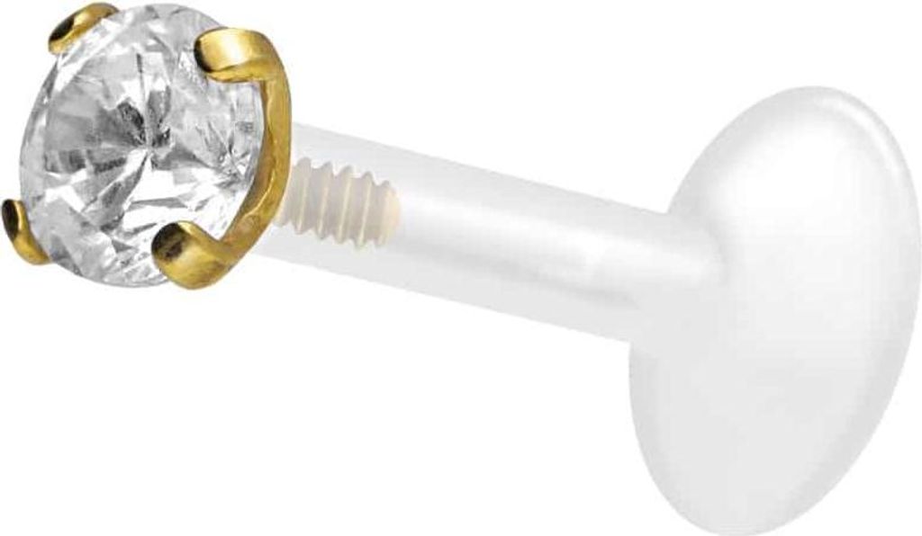 Ohrpiercing, Nasenpiercing PTFE Labret mit Innengewinde + Titan-Aufsatz EINGEFASSTER KRISTALL Gold Stablänge: 6mm | Stabstärke: 1,2mm | Kristallg...