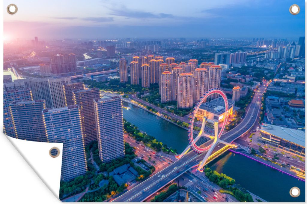 MuchoWow 120x80 cm Outdoor-Poster Gartendeko Sichtschutz Garten Poster für den Garten Die chinesische Stadt Tianjin bei Sonnenuntergang