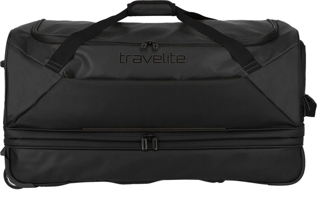 A black travel bag with wheels and handles, featuring the brand name 'travelite' in the center.